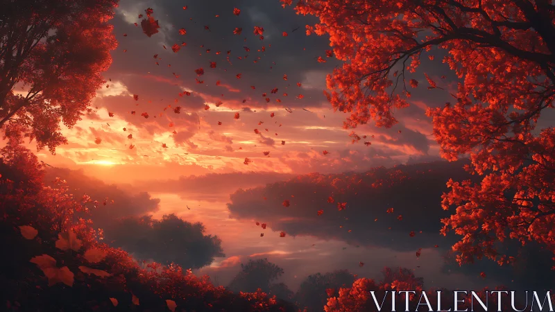 Crimson autumn leaves swirling above a glowing river sunset.