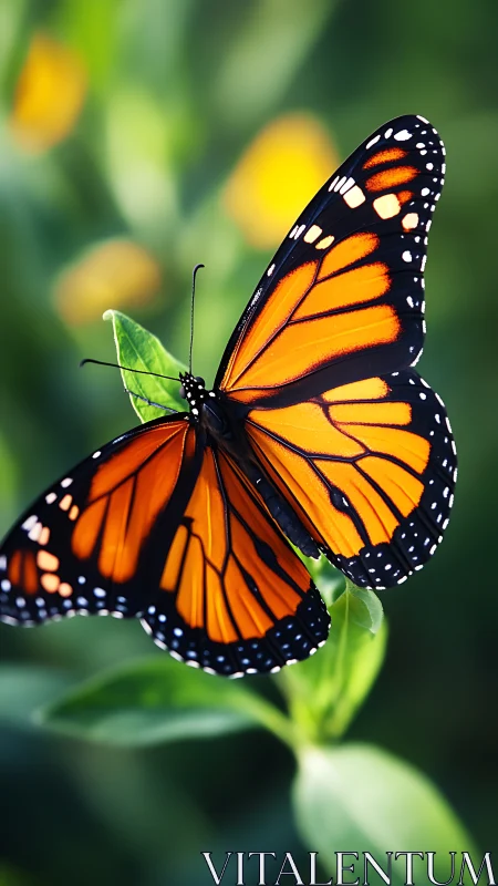 Monarch butterfly on green leaf in soft garden light.