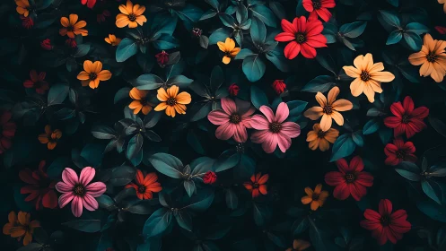 Vibrant Cosmos Blooms Against Deep Teal Foliage.