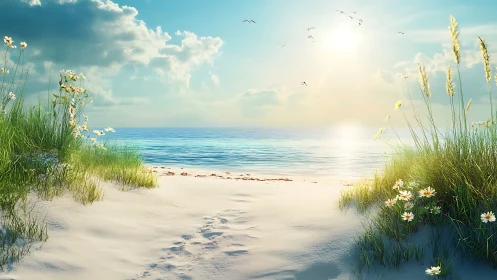 Sunlit sandy path leads through dune grass to calm sea