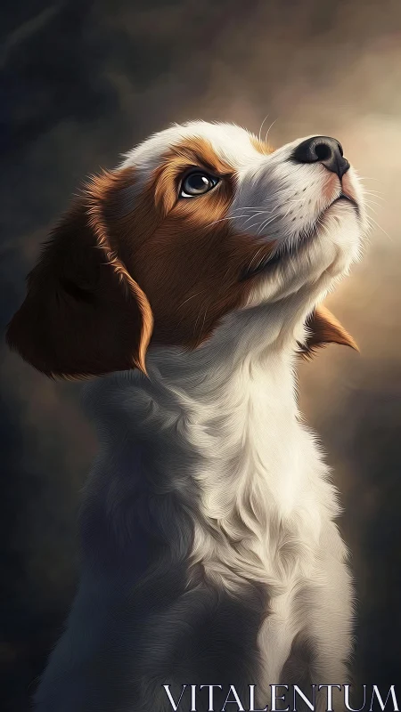 Soft-lit spaniel puppy in contemplative upward gaze portrait.