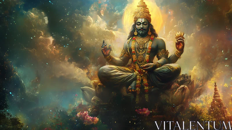 Divine blue deity in luminous cosmic lotus meditation digital.