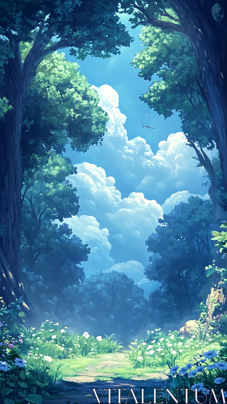 Forest Clearing with Sky Opening Through Canopy.