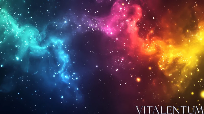 Multicolor nebula clouds swirl through star dense cosmos.