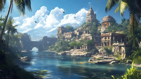 Riverine jungle citadel with stratified stone architecture.