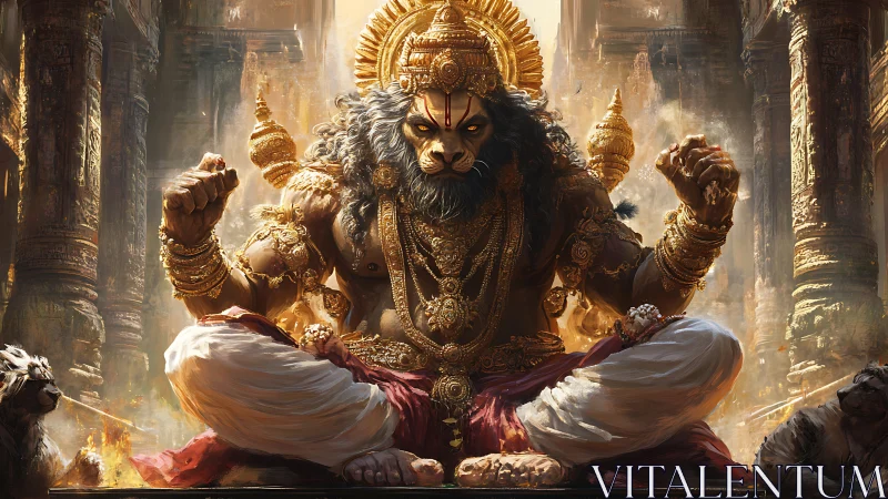 Mythic lion-headed figure sits in temple interior with ornaments