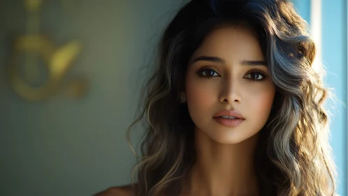 Soft window light sculpts serene portrait in warm tones.