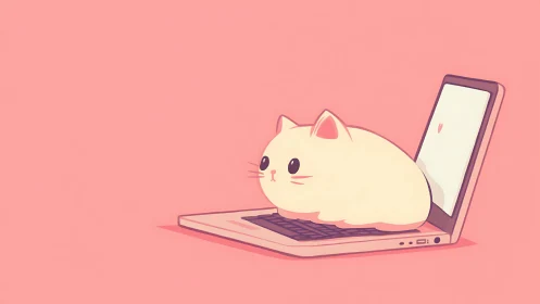Chubby pastel cat resting on open laptop keyboard illustration.