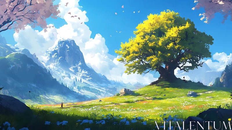 Sunlit giant tree keeps quiet watch over crystalline peaks