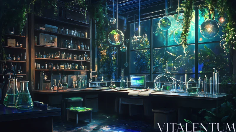 Bioluminescent rainforest laboratory with aquatic viewport.