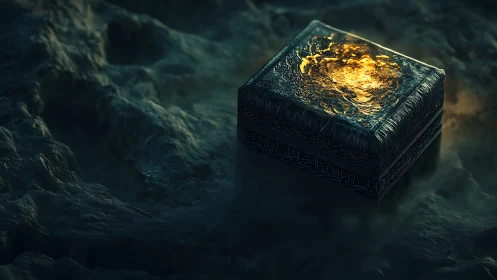 Mystic metallic cube with molten golden core in foggy void.