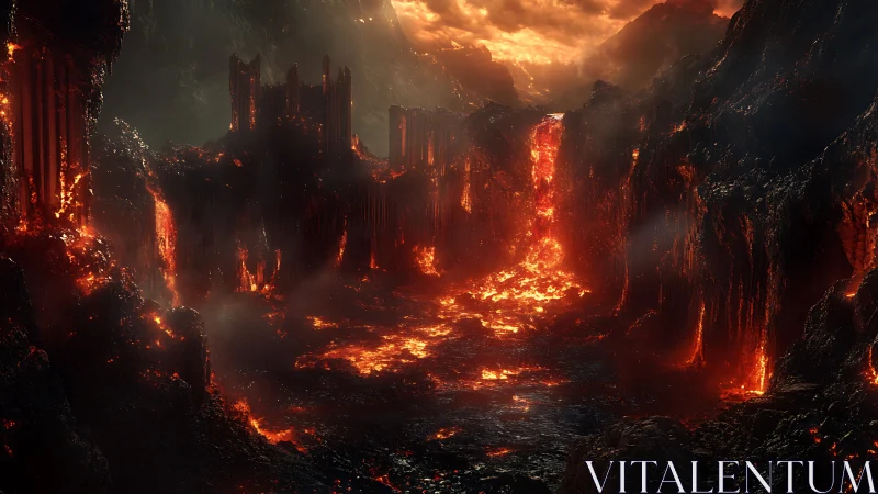 Apocalyptic Inferno: Burning Citadel in Lava-Filled Canyon.