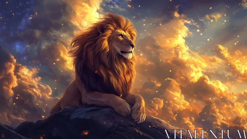Lion king surveys blazing celestial cloudscape sky