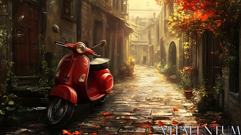 Red scooter in sunlit old alley with autumn leaves.