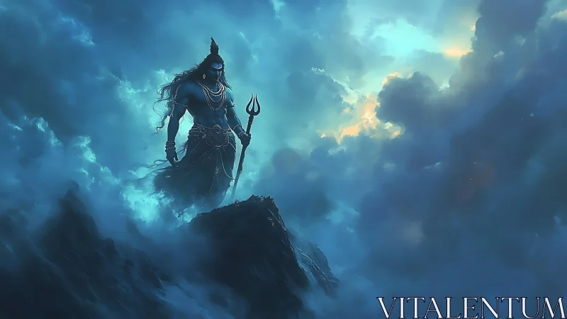 Serene blue deity stands strong amid swirling sacred clouds.
