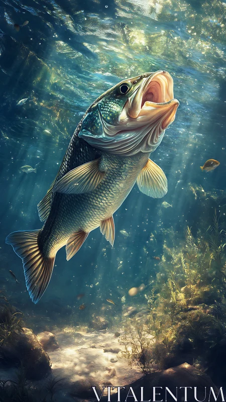 Largemouth bass surges upward through luminous river water.