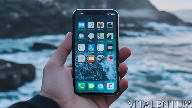 Smartphone with ocean backdrop held in hand by user.