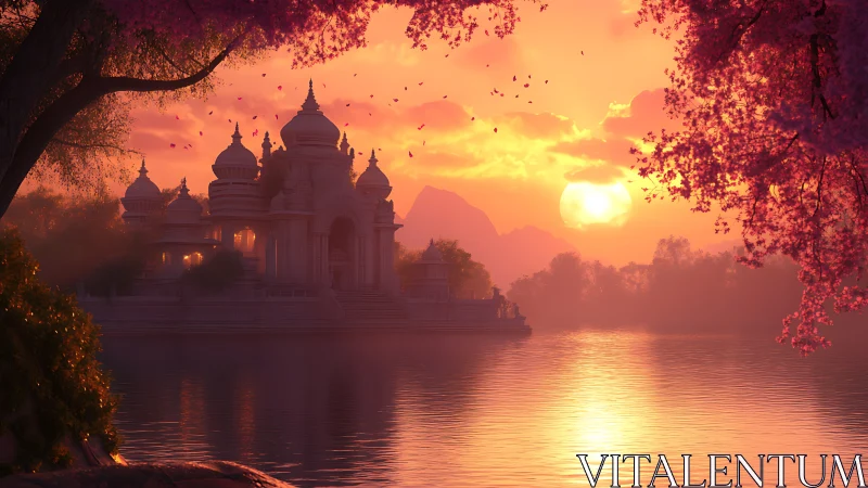 Temple by lakeside under vivid orange sunset sky.