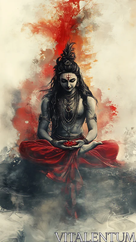 Meditating ascetic figure with red robes and smoky aura.