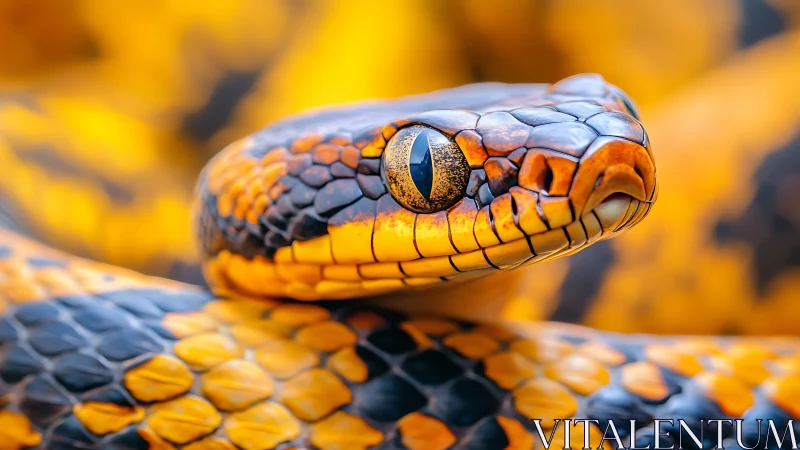 Macro close-up of orange-black snake head with glossy scales
