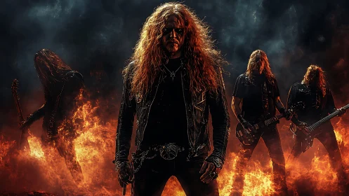 Heavy metal band stands amid inferno under dark storm sky