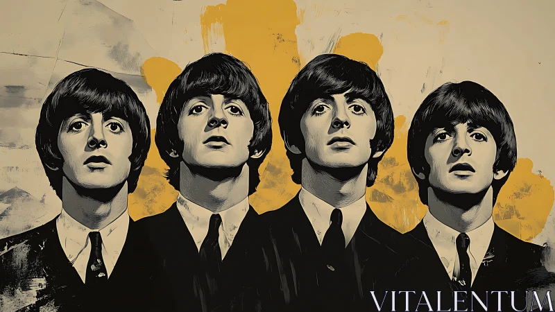 Four suited musicians stand together in bold graphic style