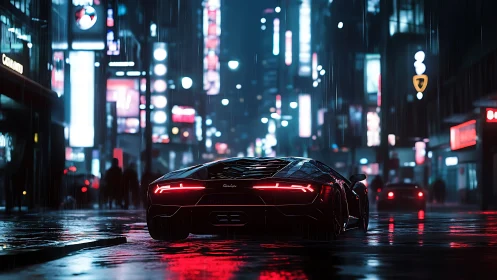 Sleek sports car gliding through a neon soaked city night.