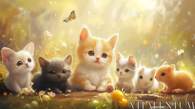 Six juvenile felines in luminescent meadow with lepidopteran interaction.