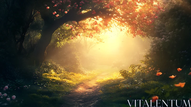 Backlit flowered forest path with volumetric sunrise haze
