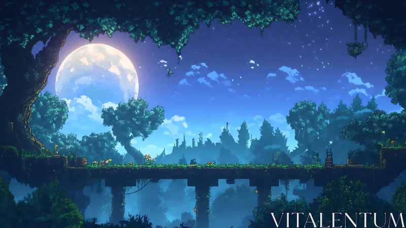 Moonlit pixel forest bridge under a tranquil night sky.