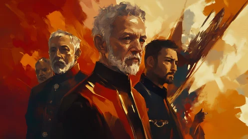 Senior officers stand before turbulent abstract backdrop