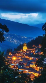Photorealistic mountain town at twilight with glowing bokeh lights.