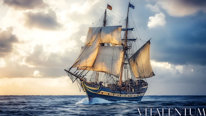 Sunlit tall ship racing dawn clouds across restless seas.