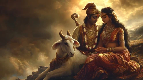 Mythic pastoral duet with divine couple and jeweled cow.