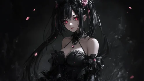 Gothic anime girl stands in dark petals and crimson light.