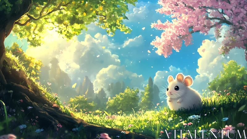 Tiny meadow dreamer listens to sunlight between blossoming trees