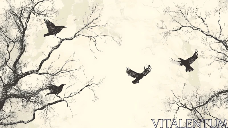 Monochrome corvid silhouettes intersecting bare arboreal lattices.