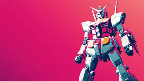 Towering cel-shaded mecha against neon pink gradient sky.