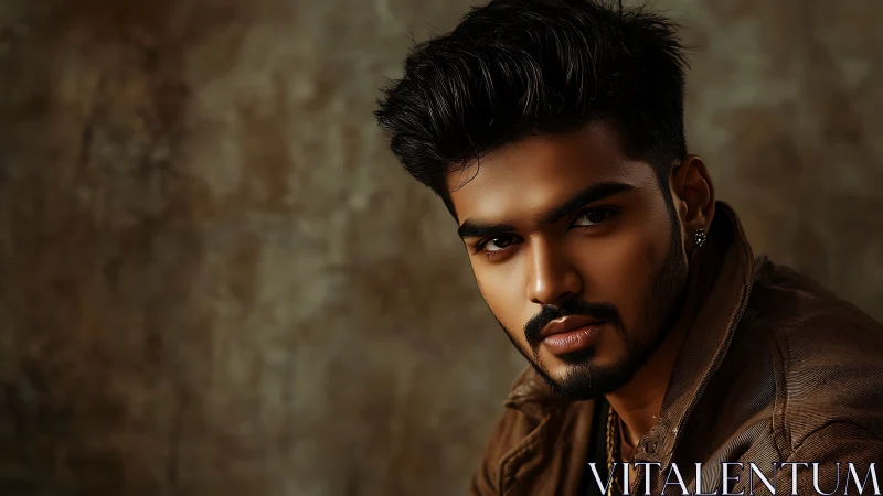 Cinematic male portrait employs warm chiaroscuro lighting effects