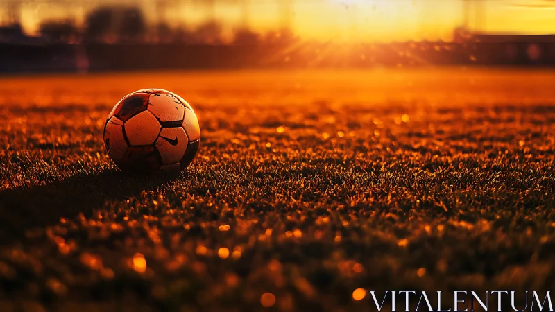 Backlit soccer ball on sunset field in warm photorealism.