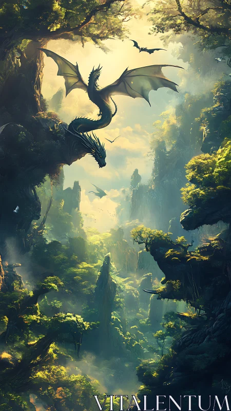 Skyborne dragon glides through sunlit emerald canyon realms.