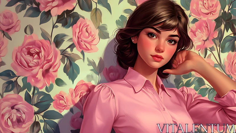 Digital portrait of brunette woman against stylized rose wallpaper.