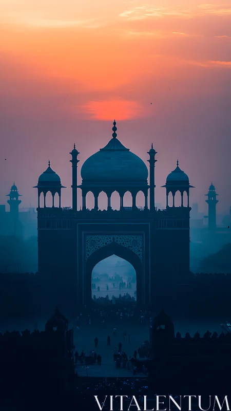 Sunset glows behind a grand Mughal gateway in soft haze