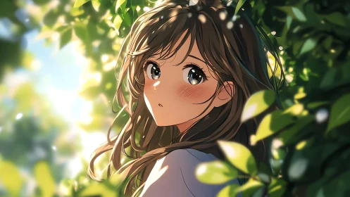 Sunlit garden gaze with softly blushing anime girl.