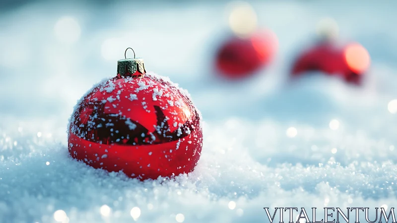 Snow-kissed crimson bauble basking in winter hush.