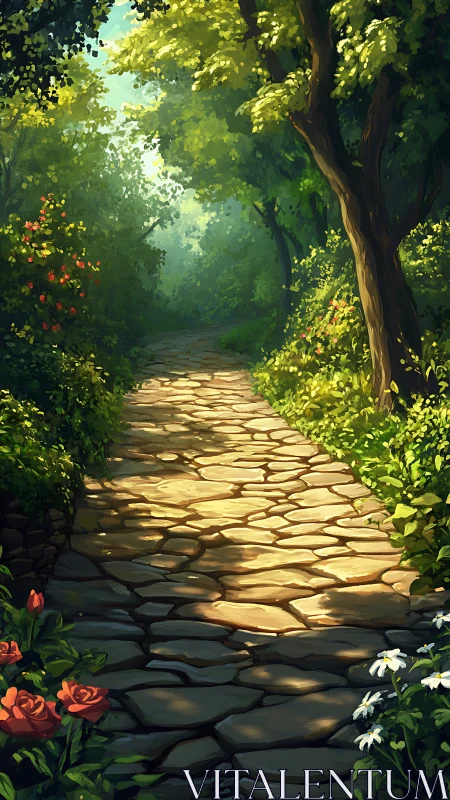 Stone Path Through Lush Forest Garden.
