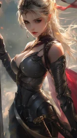 Silver-haired battle sorceress in ornate gothic armor poised.