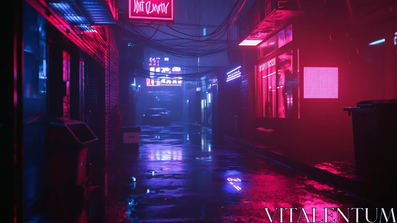 Neon lit urban alley at night with wet reflective pavement.