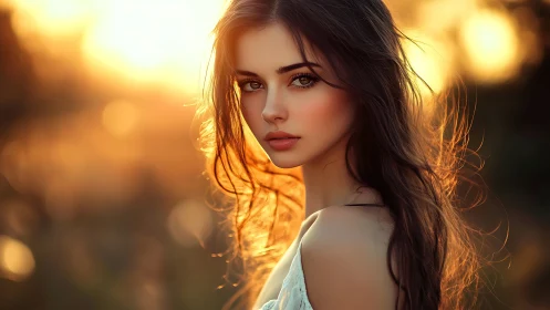 Female subject stands in backlit outdoor scene at sunset