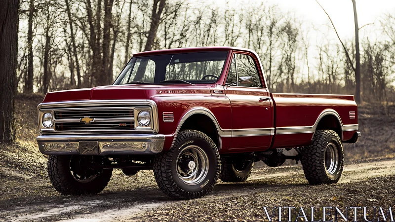 Vintage red Chevrolet pickup truck on forest dirt road.